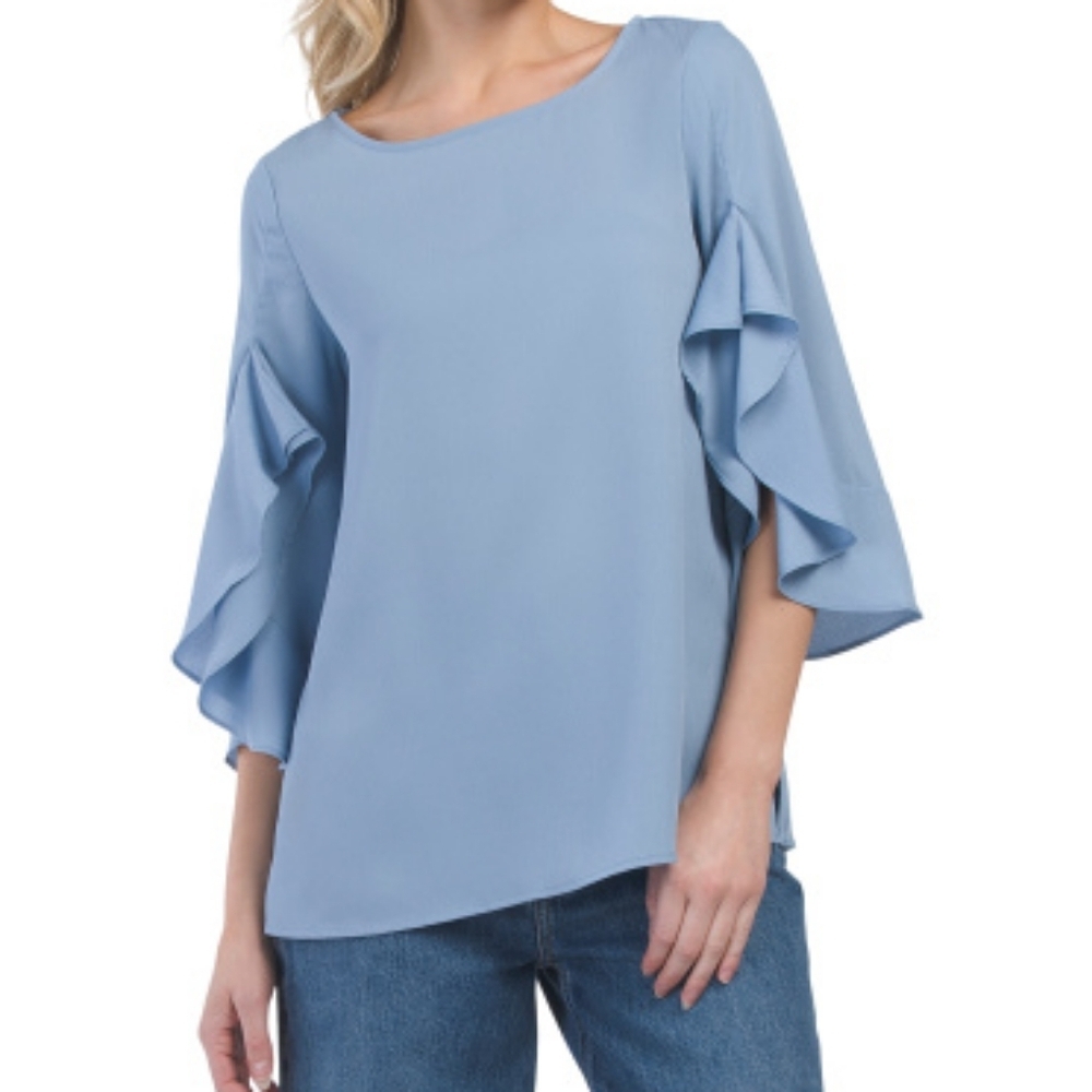 Elegant Blue Ruffle Sleeve Women's Top